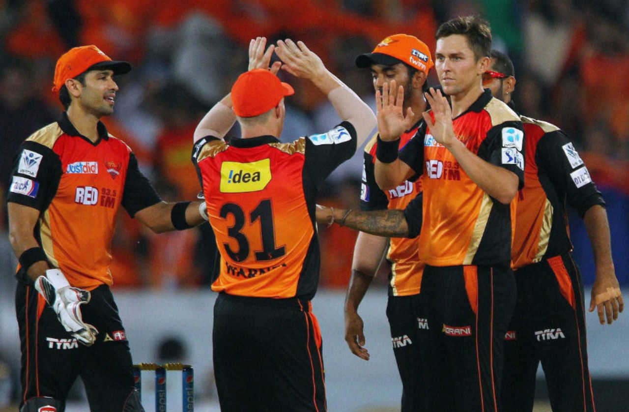 Trent Boult celebrates a wicket with his team-mates, Sunrisers Hyderabad v Kings XI Punjab, IPL 2015, Hyderabad, May 11, 2015