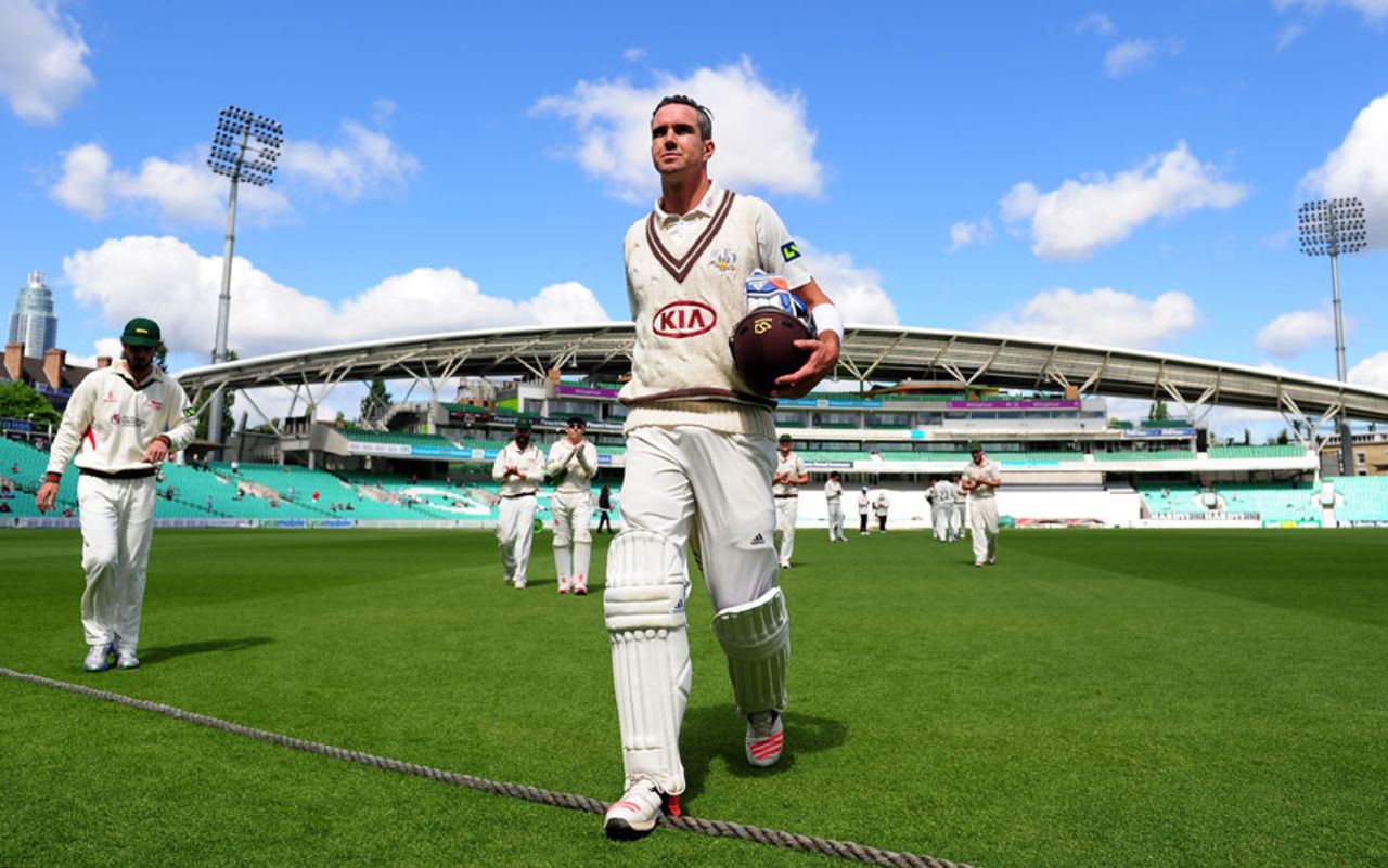 Kevin Pietersen walks off after making an unbeaten 355, Surrey v Leicestershire, County Championship, Division Two, 3rd day, Kia Oval, May 12, 2015