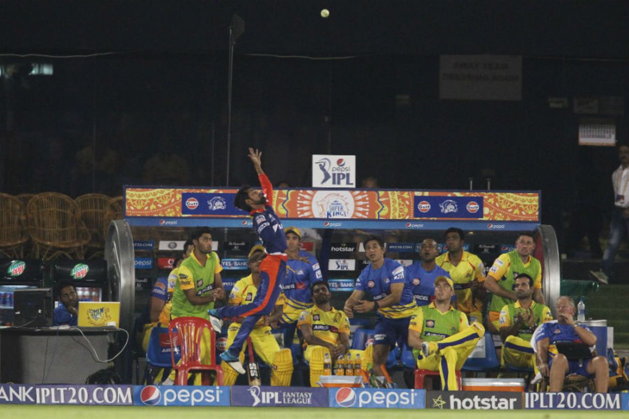 Shahbaz Nadeem tries to reach for the ball, Delhi Daredevils v Chennai Super Kings, IPL 2015, Raipur, May 12, 2015