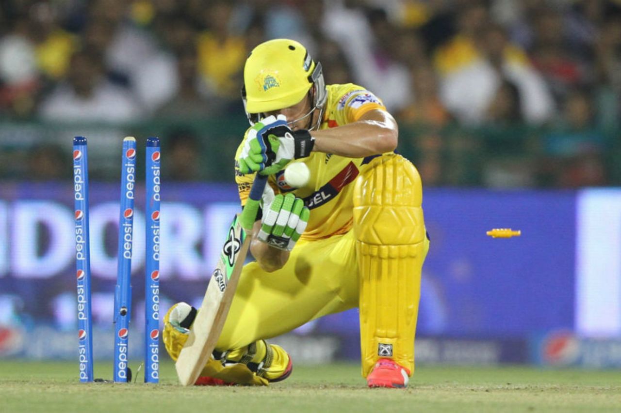 Faf du Plessis is undone by an Albie Morkel delivery, Delhi Daredevils v Chennai Super Kings, IPL 2015, Raipur, May 12, 2015