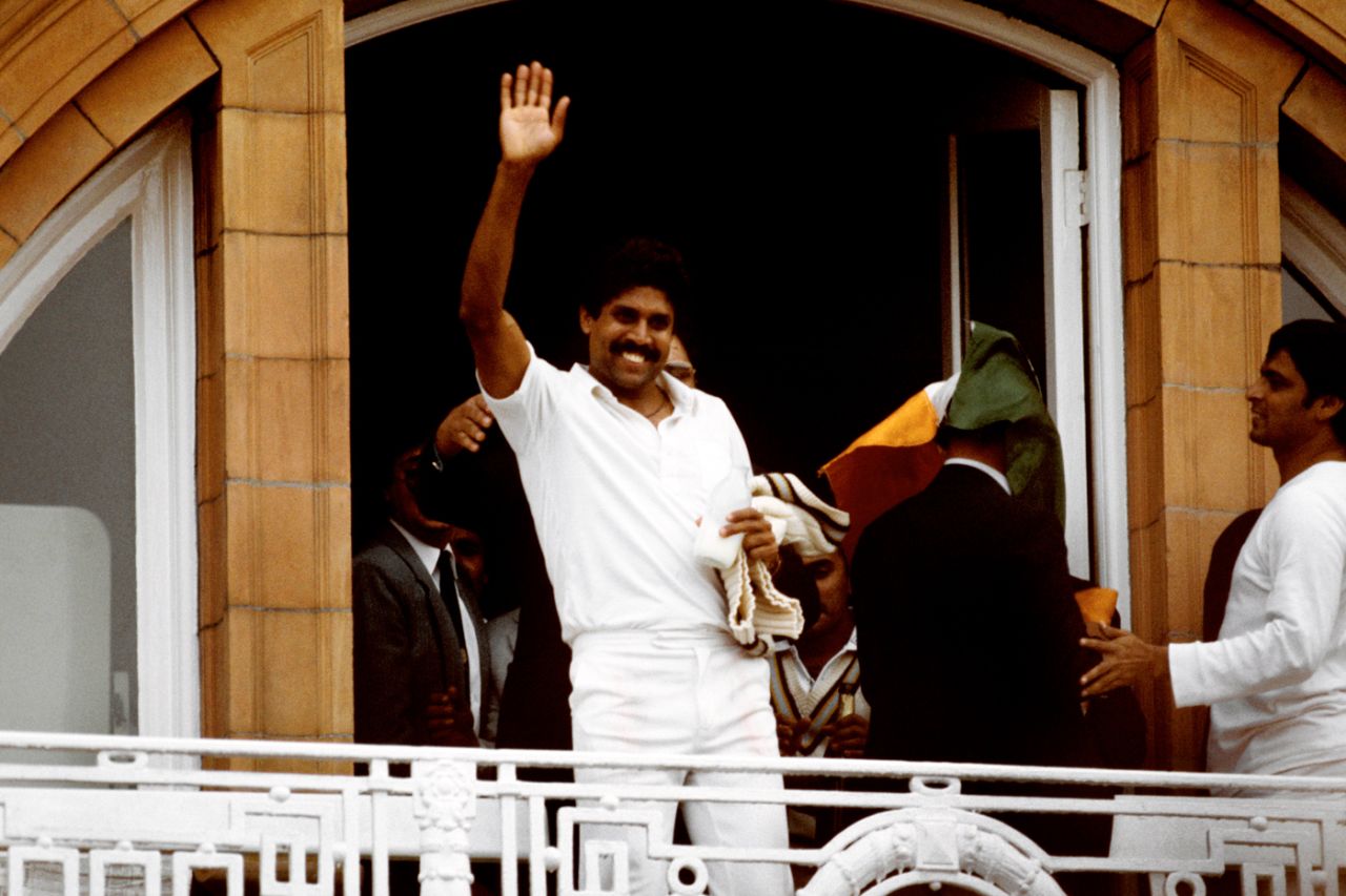 Kapil Dev on the Lord's balcony after the win, India v West Indies, World Cup final, Lord's, June 25, 1983