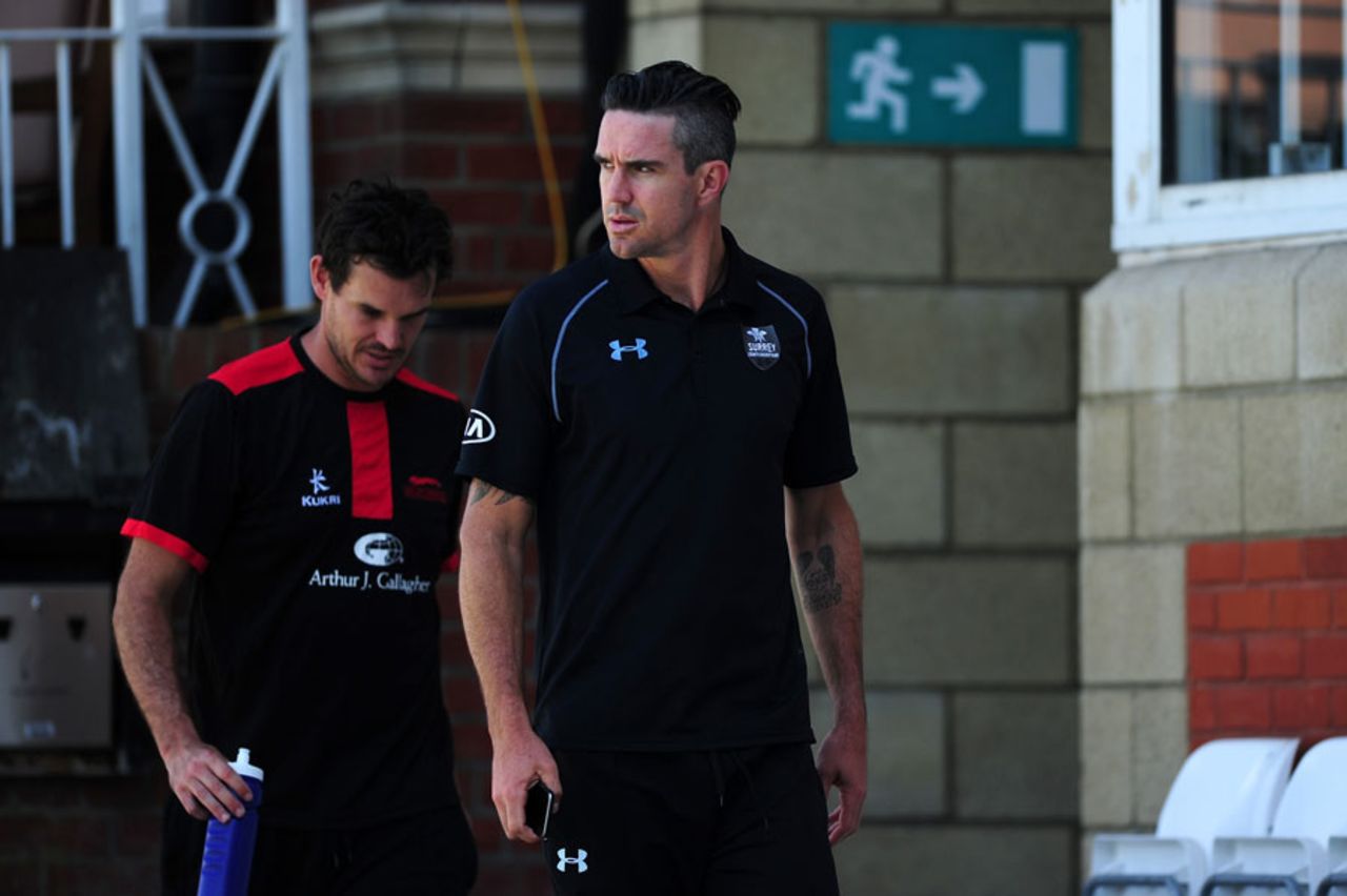 Kevin Pietersen was kept off the field by a calf problem, Surrey v Leicestershire, County Championship, Division Two, 4th day, Kia Oval, May 13, 2015