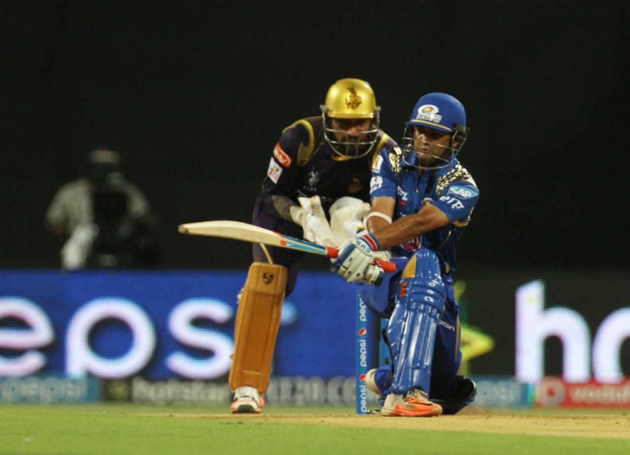Parthiv Patel gets down to sweep, Mumbai Indians v Kolkata Knight Riders, IPL 2015, Mumbai, May 14, 2015