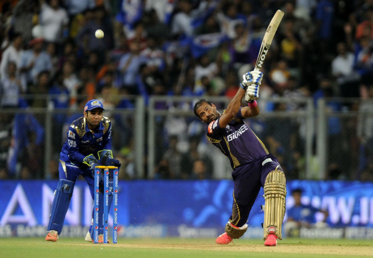 Yusuf Pathan launches the ball for six, Mumbai Indians v Kolkata Knight Riders, IPL 2015, Mumbai, May 14, 2015