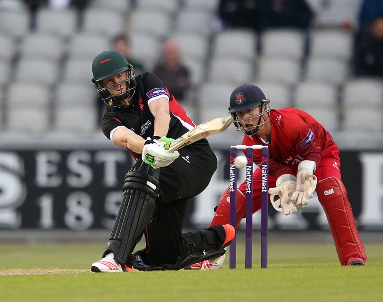 Kevin O'Brien sweeps during his 47, Lancashire v Leicestershire, NatWest Blast, North Group, Old Trafford, May 15, 2015