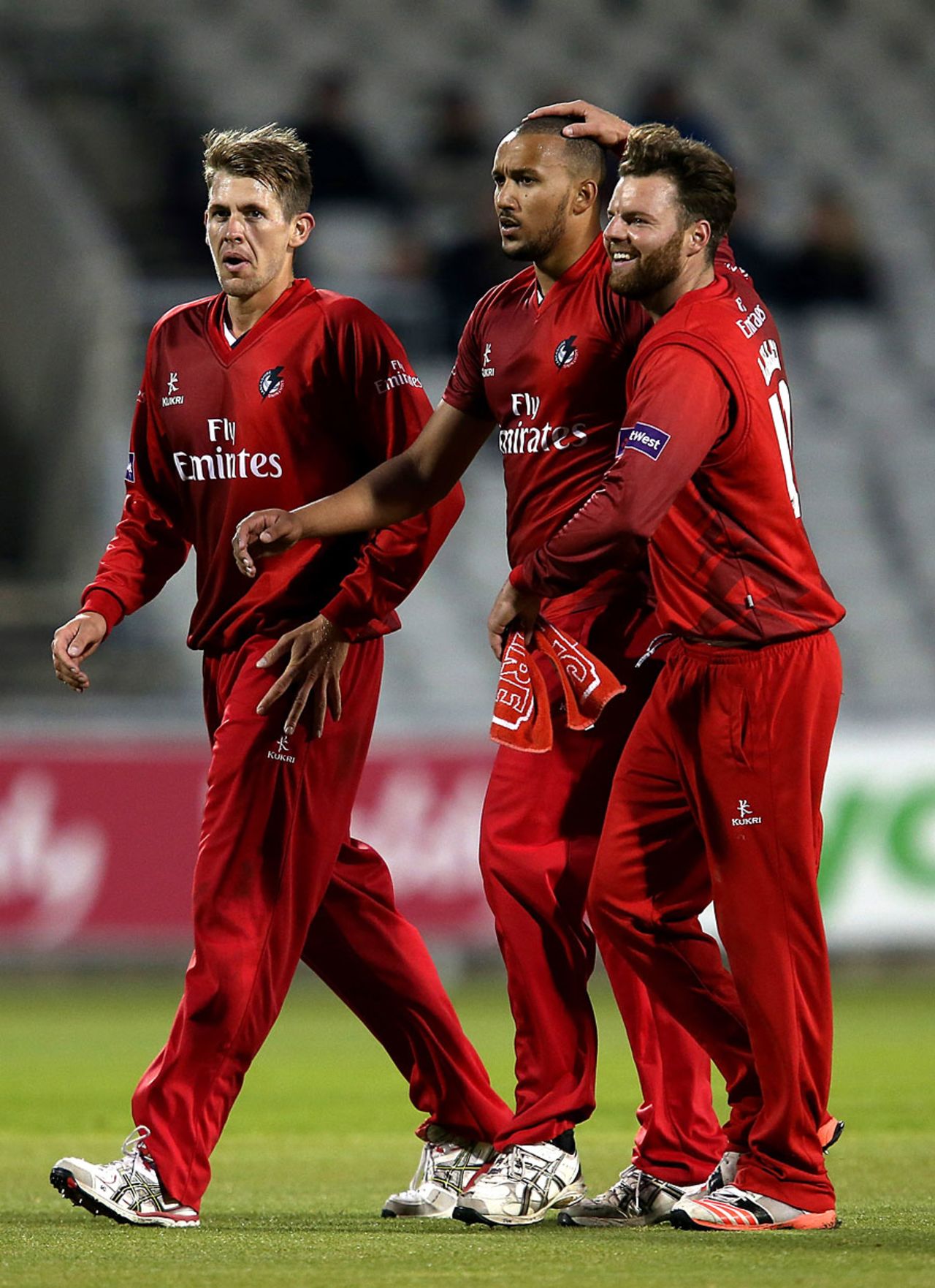 George Edwards (centre) took four wickets on his first appearance for Lancashire, Lancashire v Leicestershire, NatWest Blast, North Group, Old Trafford, May 15, 2015