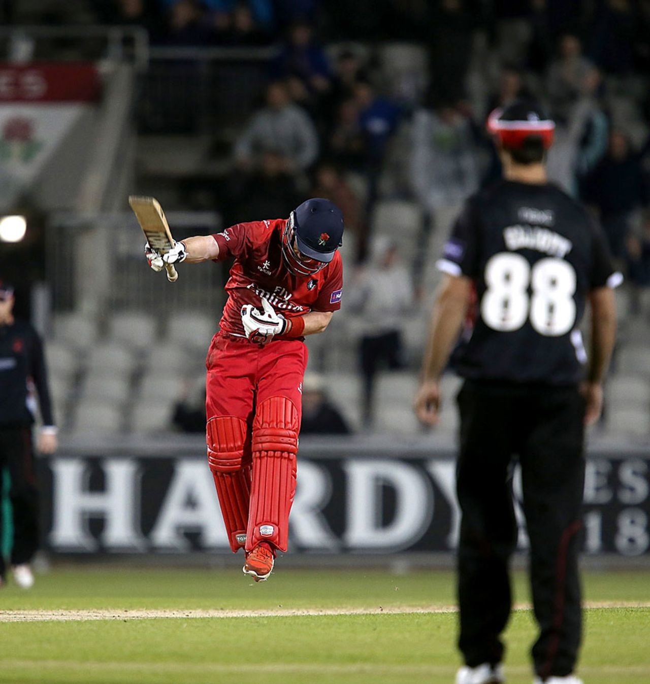 Steven Croft celebrates after hitting a final-ball boundary to win the match, Lancashire v Leicestershire, NatWest Blast, North Group, Old Trafford, May 15, 2015