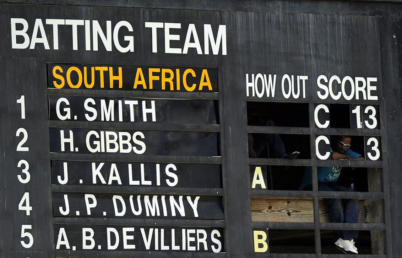 The manual scoreboard shows the top half of the South African line-up, Pakistan v South Africa, Super Eights, ICC World Twenty20, St Lucia, May 10, 2010
