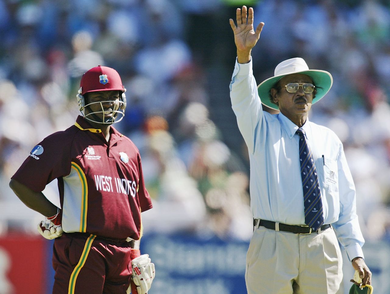 Umpire S Venkataraghavan signals a bye as Brian Lara looks on, South Africa v West Indies, World Cup, Pool B, Cape Town, Feb 9, 2003