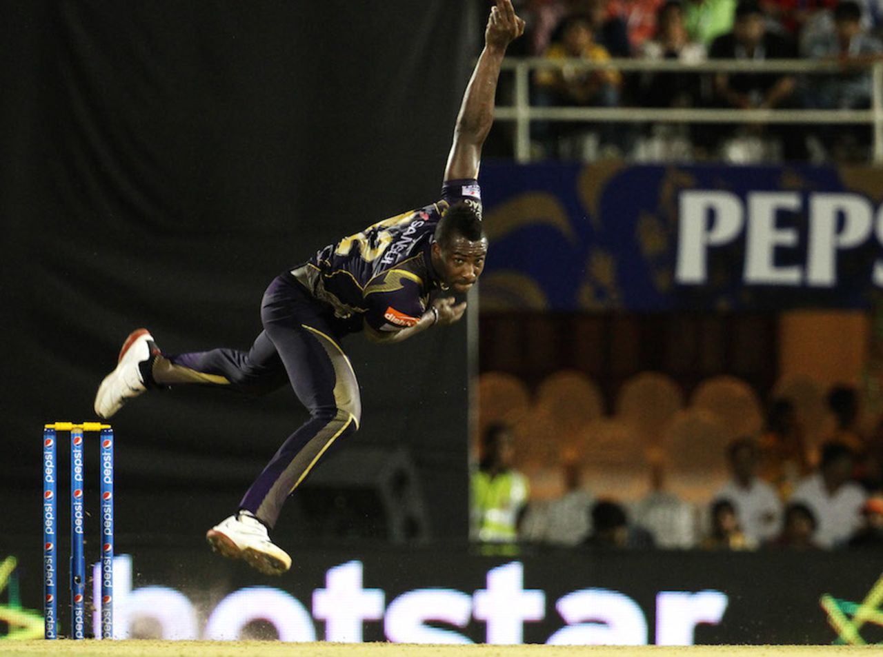 Andre Russell chipped in with three key middle-order wickets, Rajasthan Royals v Kolkata Knight Riders, IPL 2015, Mumbai, May 16, 2015