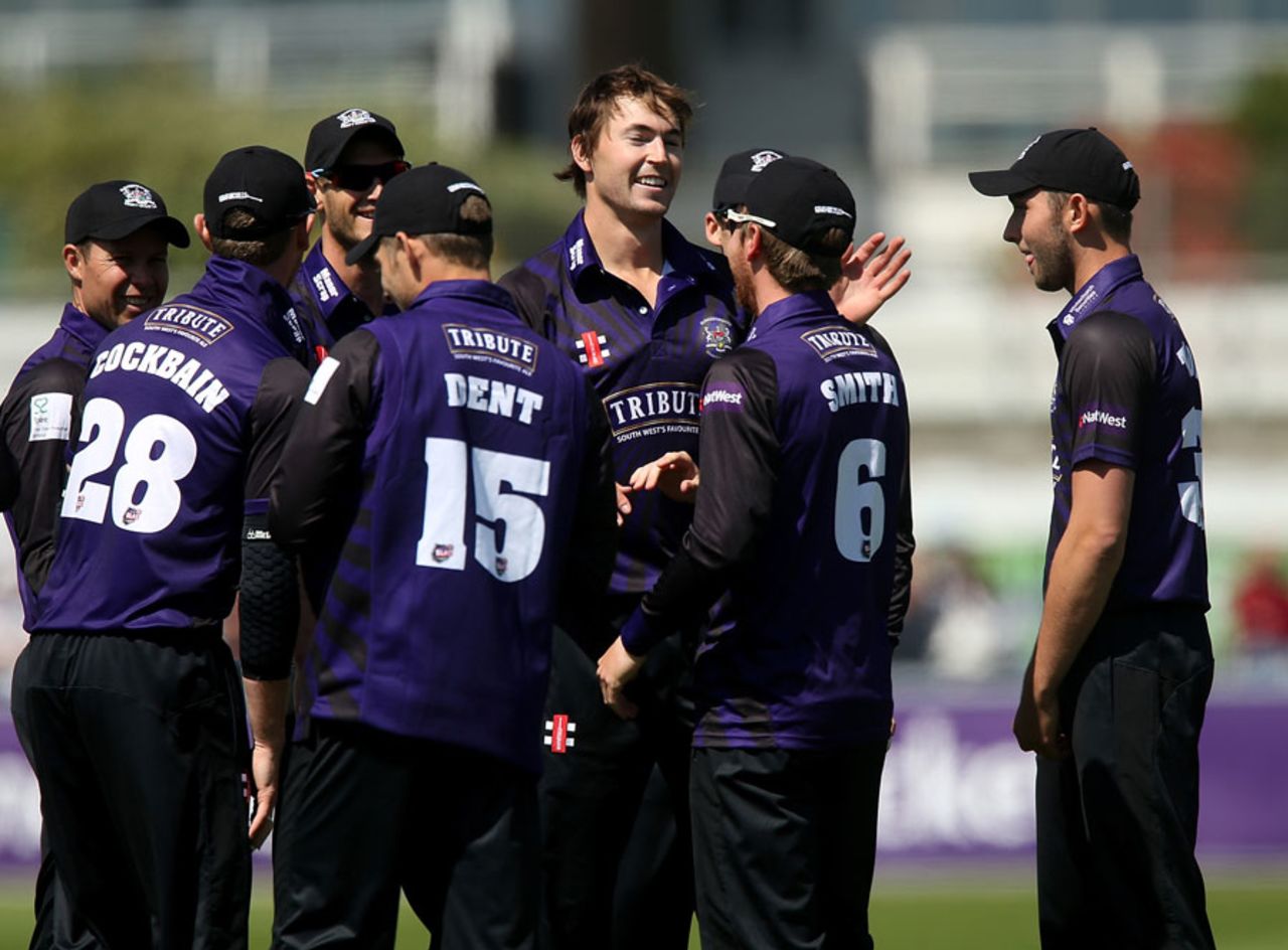 James Fuller gets congratulated on a wicket, Sussex v Gloucestershire, NatWest T20 Blast, South Group, Hove, May 17, 2015