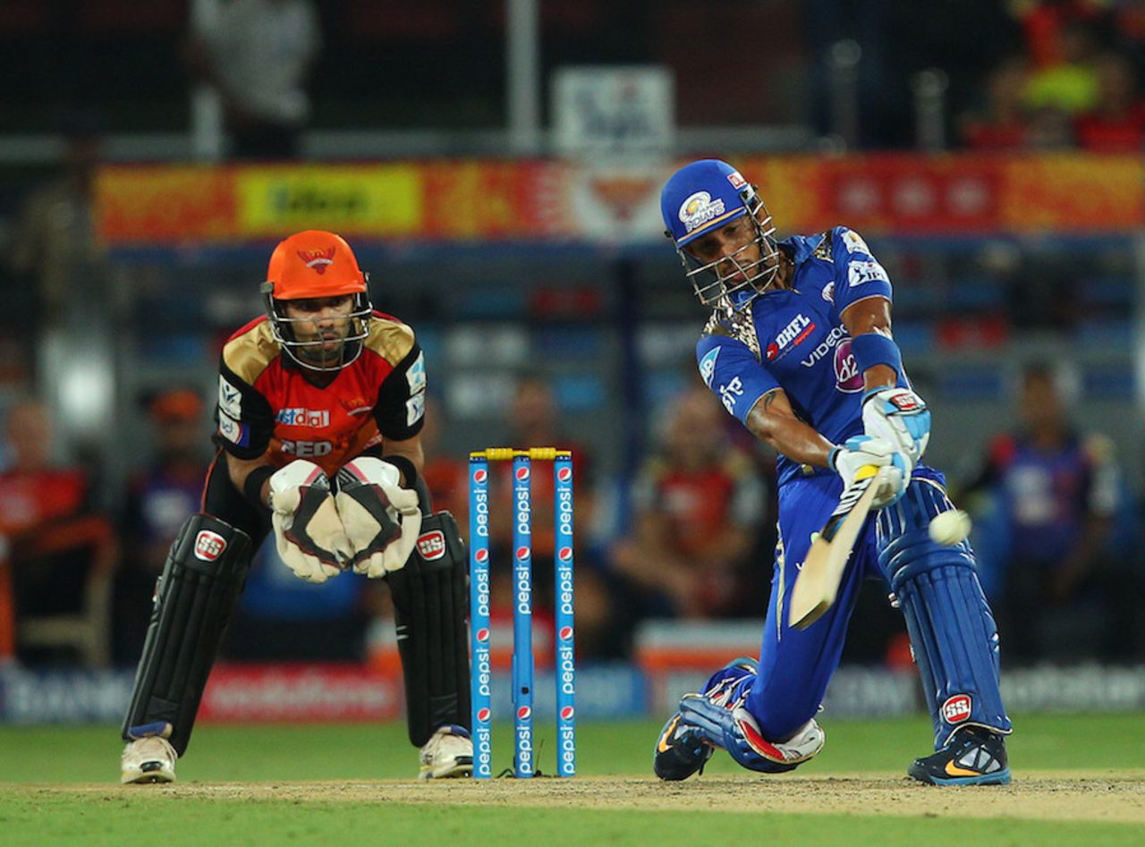 Lendl Simmons tees off during his innings of 48, Sunrisers Hyderabad v Mumbai Indians, IPL 2015, Hyderabad, May 17, 2015
