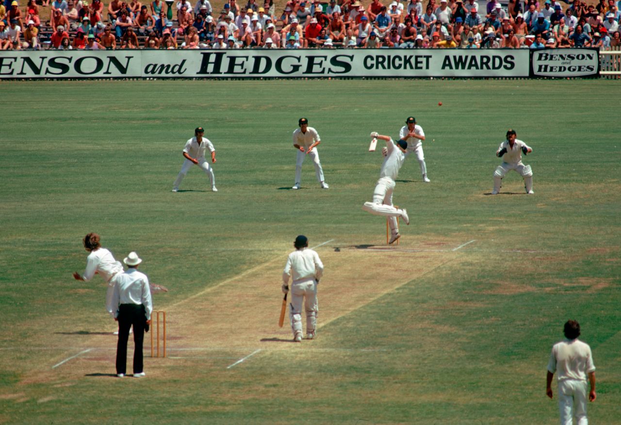 Tony Greig fends off a ball from Jeff Thomson, Australia v England, fourth Test, Sydney, January 6, 1975