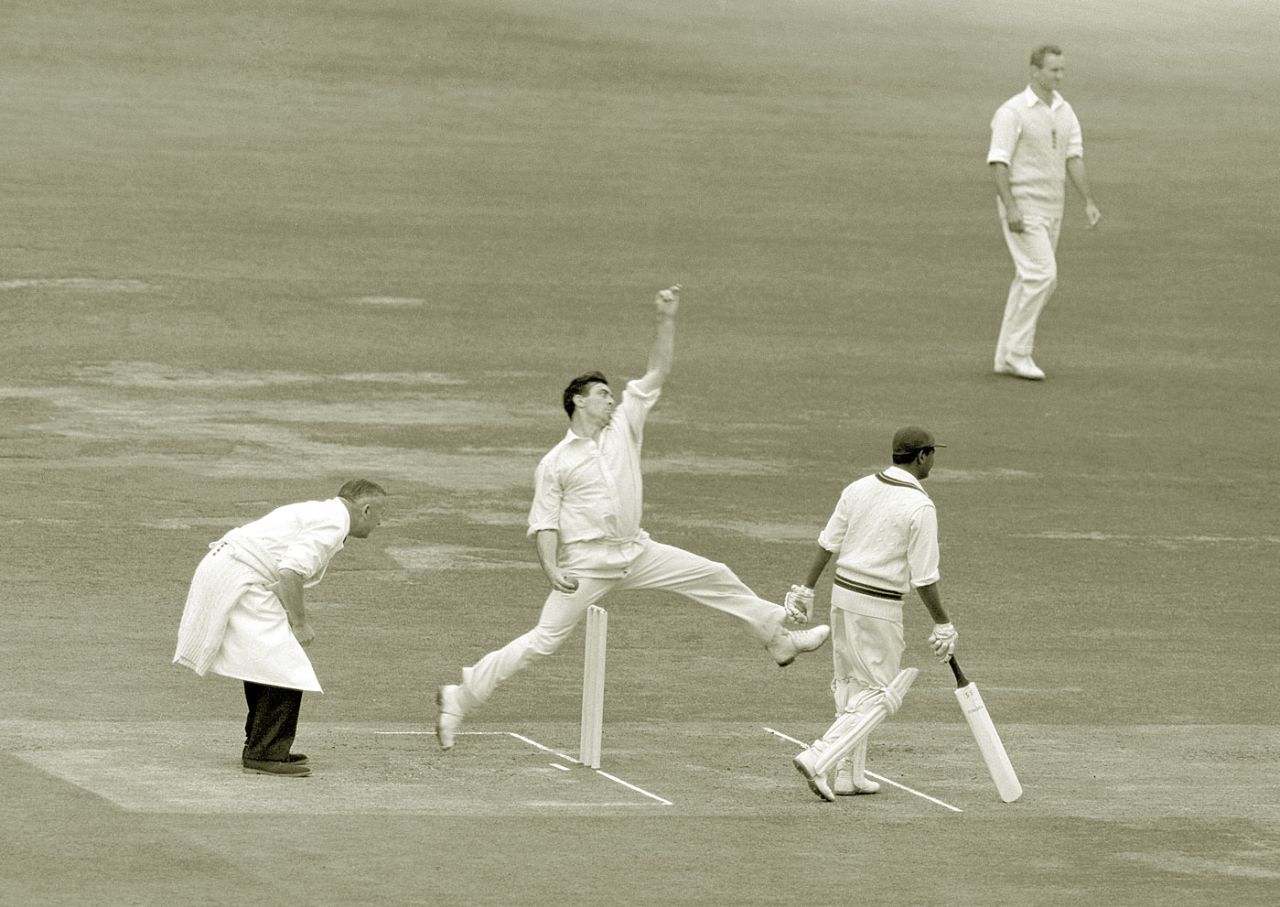 Fred Trueman in his delivery stride, England v West Indies, 2nd Test, Lord's, 2nd day, June 21, 1963