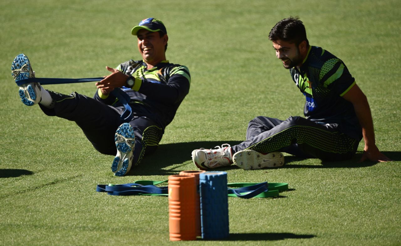 Nasir Jamshed and Ahmed Shehzad have a laugh while training