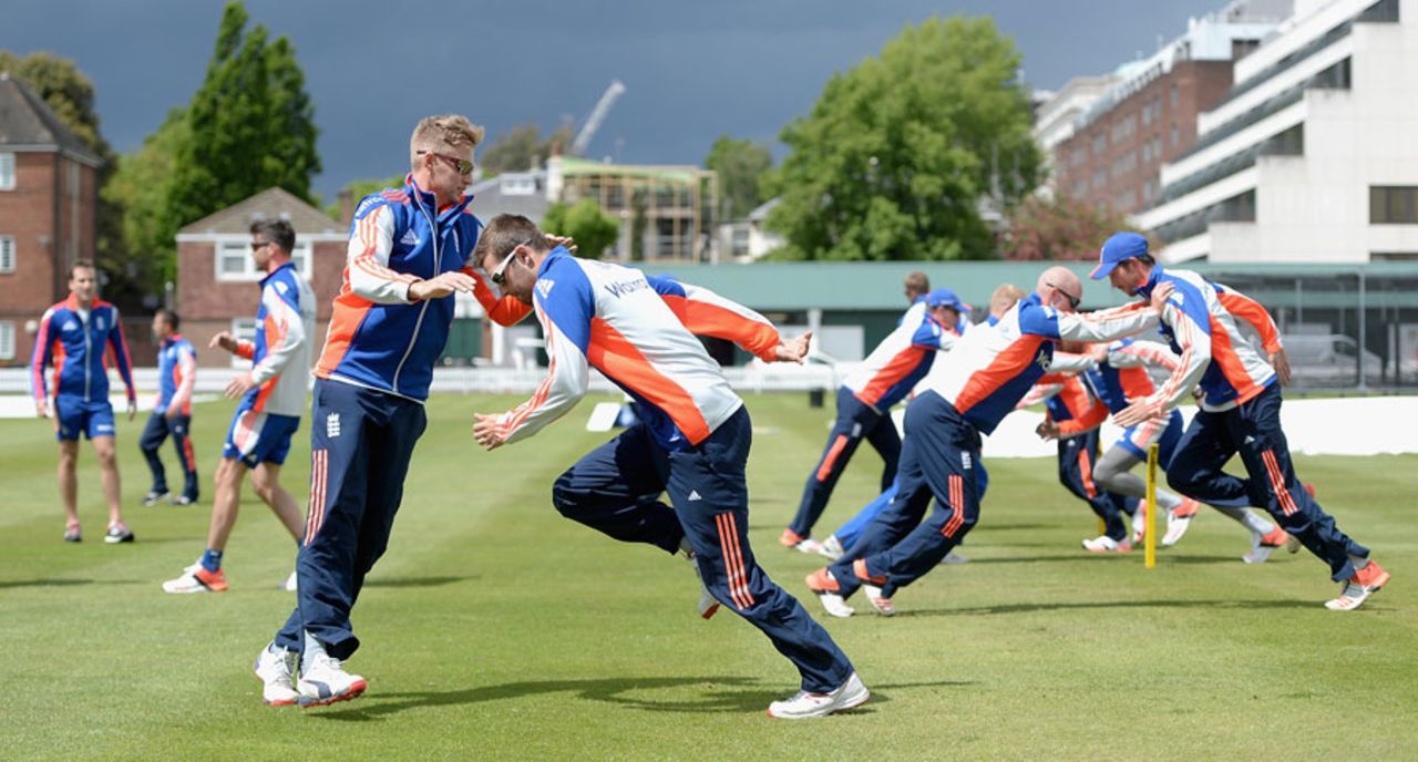 Lean in: Joe Root and Mark Wood take part in England training, Lord's, May 19, 2015