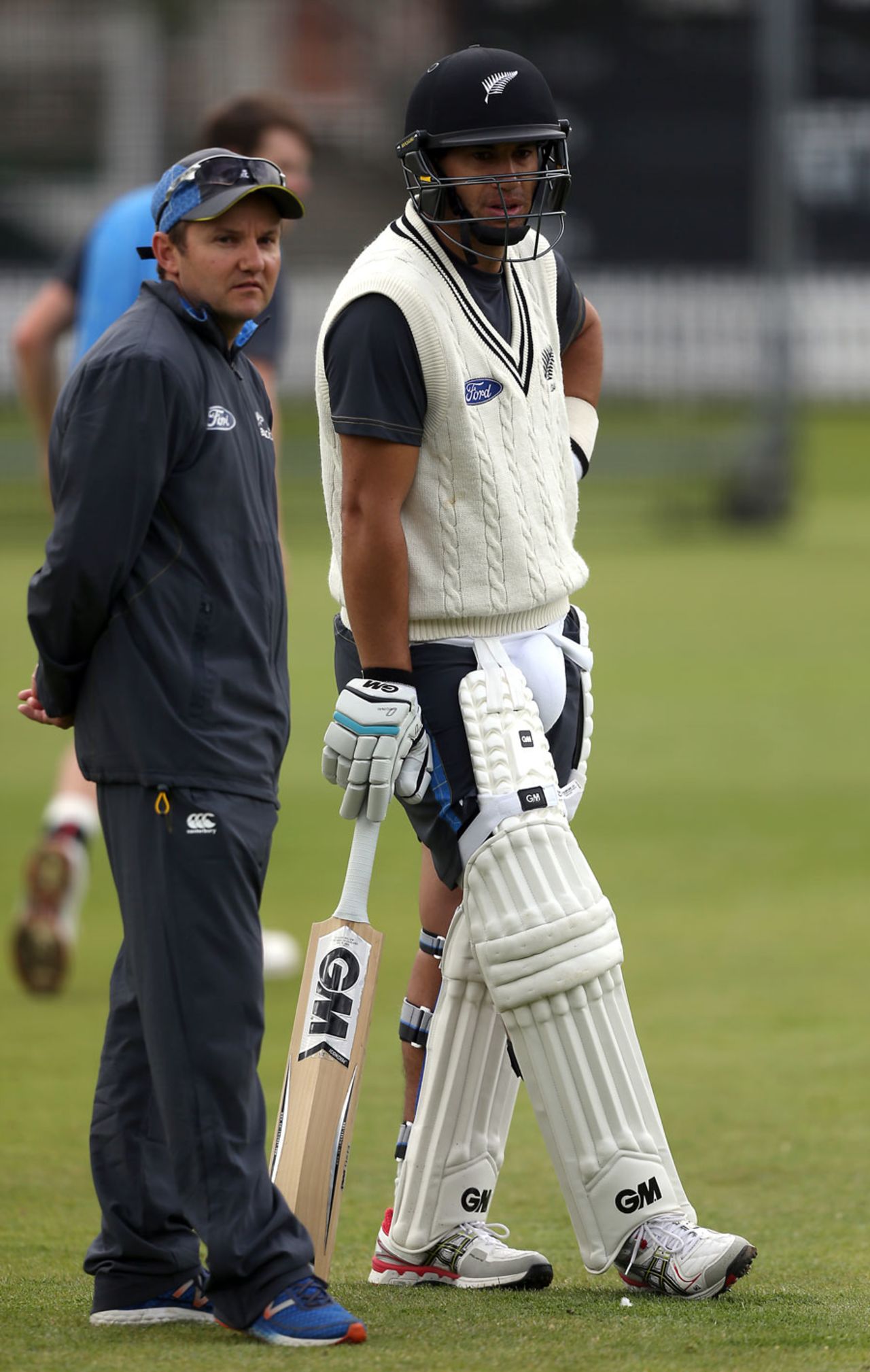Mike Hesson and Ross Taylor look on during net practice, Lord's, May 19, 2015