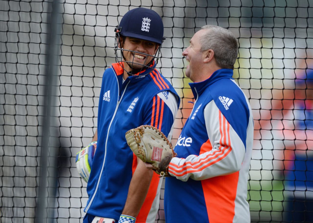 If you didn't laugh... Alastair Cook and Paul Farbrace share a joke, Lord's, May 19, 2015