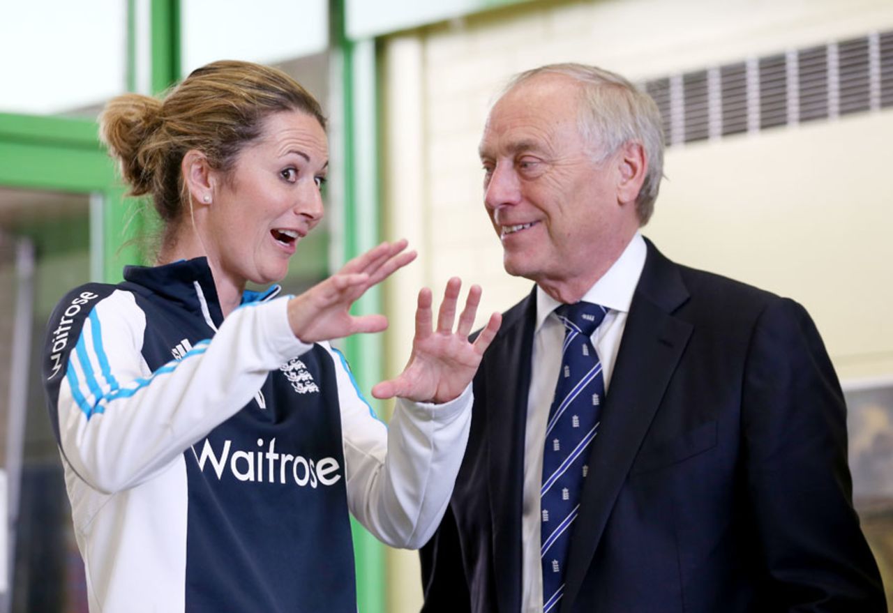Charlotte Edwards and Colin Graves chat at a Chance to Shine event, Chelmsford, May 19, 2015