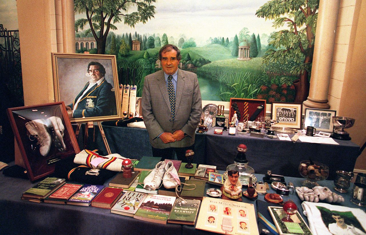 Fred Trueman stands with his memorabilia collection at The Fiery Fred Collection Auction, London, February 6, 2001