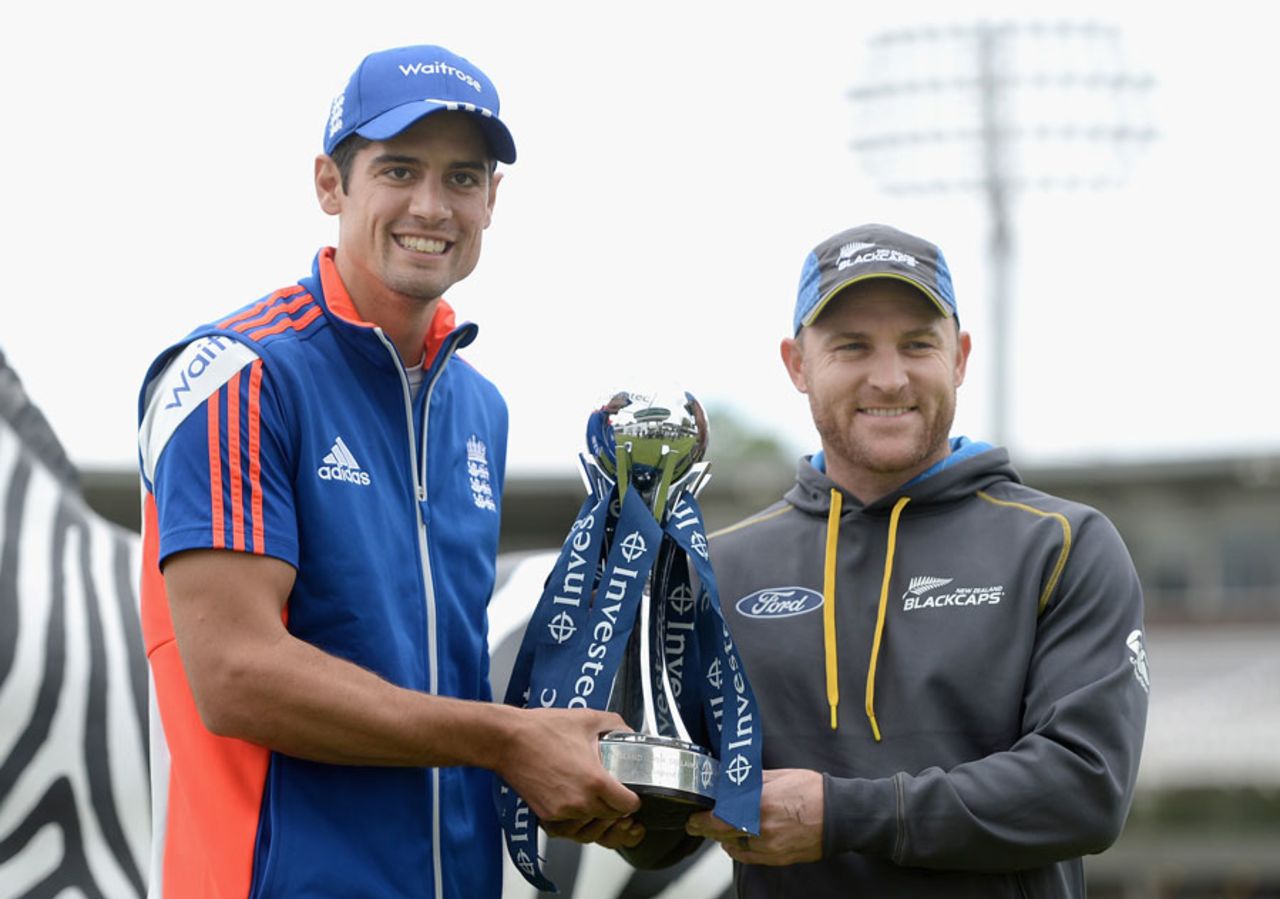 Alastair Cook and Brendon McCullum pose with the series trophy, England v New Zealand, 1st Investec Test, Lord's, May 20, 2015
