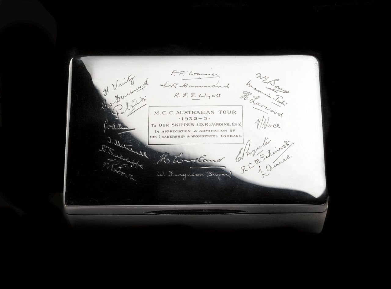 Silver cigarette box inscribed to Douglas Jardine by members of 1932-33 England team to Australia, London, 2015