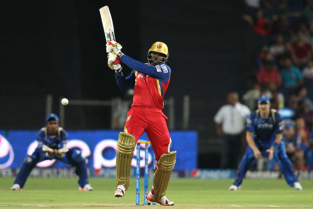 Chris Gayle targets the leg side, Rajasthan Royals v Royal Challengers Bangalore, IPL 2015, Eliminator, Pune, May 20, 2015