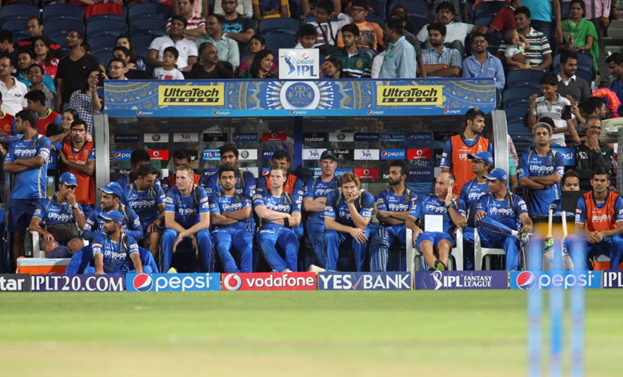 The Rajasthan Royals dug-out wears a dejected look, Rajasthan Royals v Royal Challengers Bangalore, IPL 2015, Eliminator, Pune, May 20, 2015