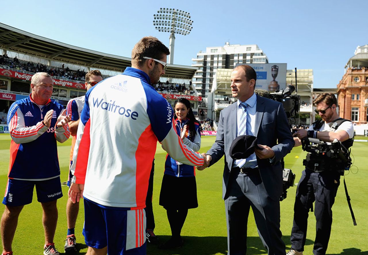 Andrew Strauss presents Mark Wood with his cap, England v New Zealand, 1st Test, Lord's, 1st day, May 21, 2015