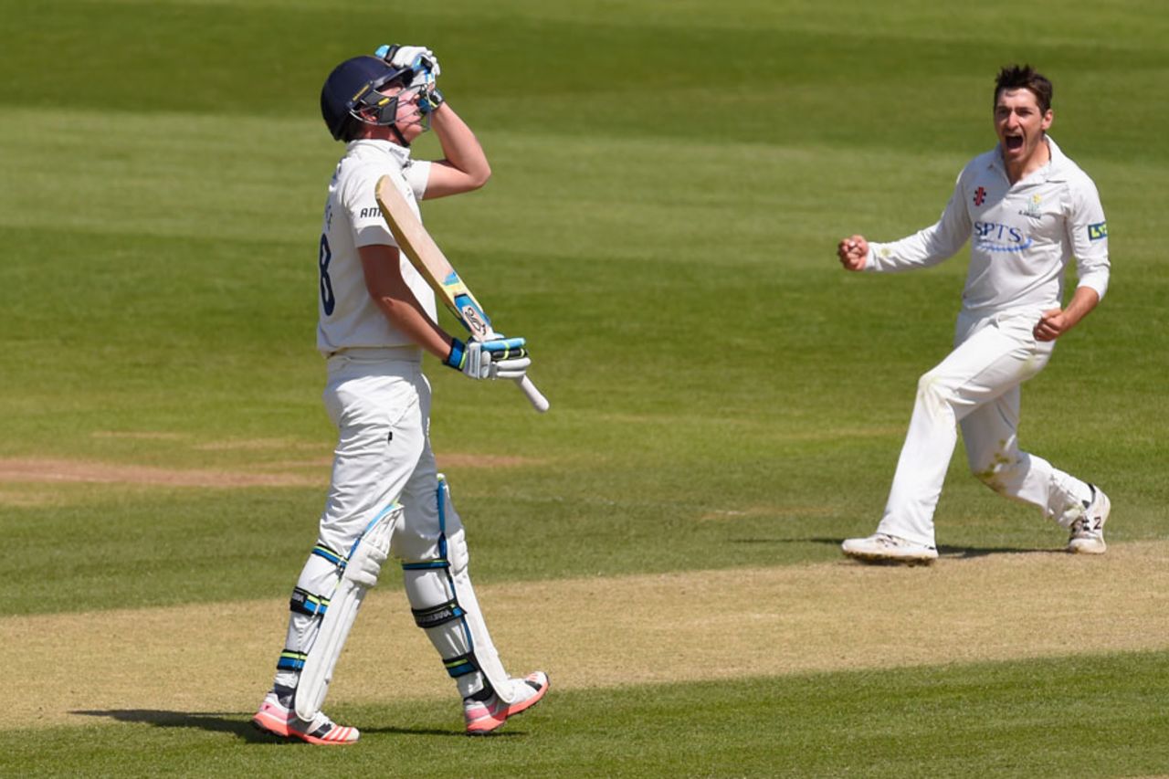 Daniel Lawrence regrets his choice of shot after falling to Andrew Salter, Glamorgan v Essex, County Championship Division Two, Cardiff, 4th day, May 21, 2015