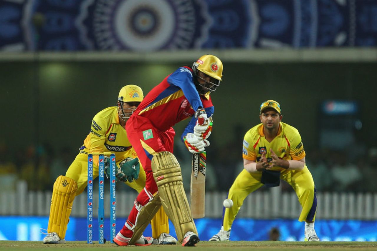 Chris Gayle dabs it back to the bowler, Chennai Super Kings v Royal Challengers Bangalore, IPL 2015, Qualifier 2, Ranchi, May 22, 2015