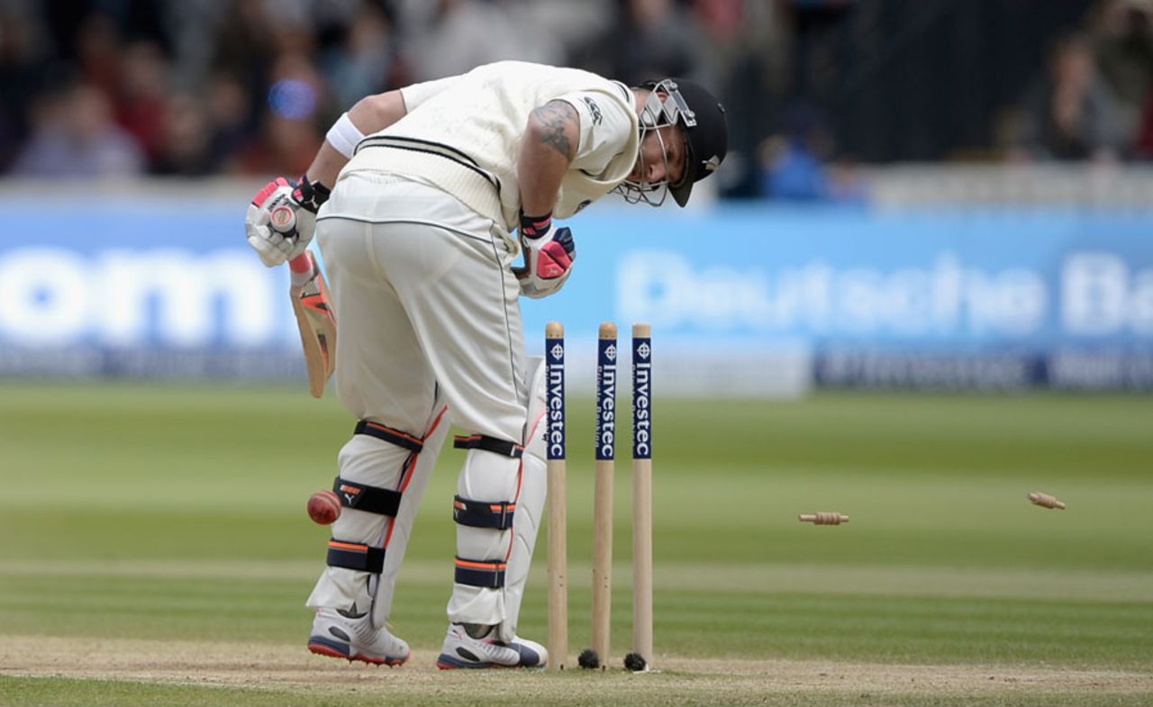 Brendon McCullum looks back to see his stumps disturbed, England v New Zealand, 1st Investec Test, Lord's, 5th day, May 25, 2015