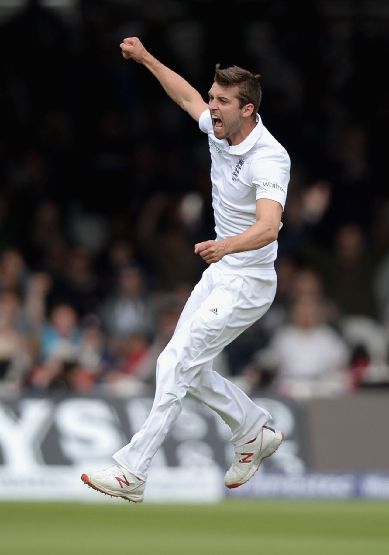 Mark Wood leaps in celebration after dismissing BJ Watling, England v New Zealand, 1st Investec Test, Lord's, 5th day, May 25, 2015