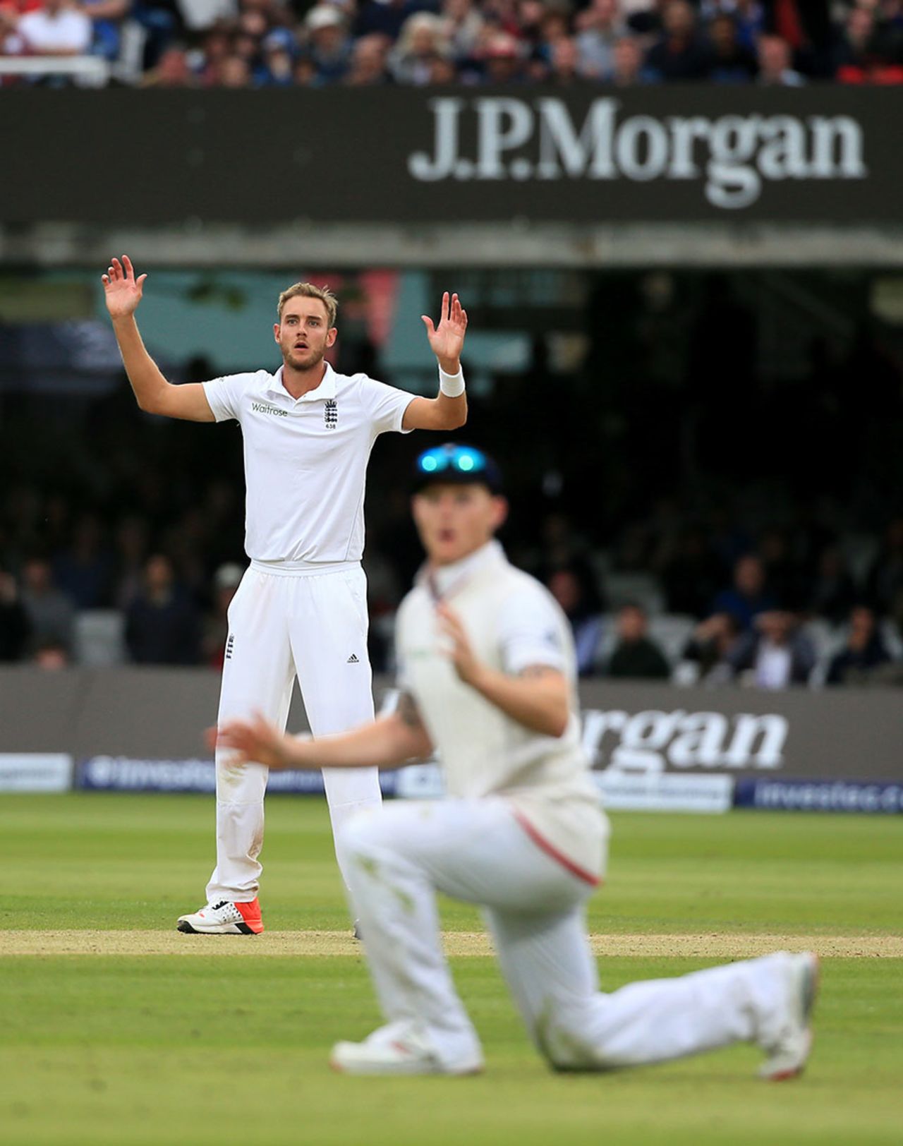 Stuart Broad and Ben Stokes watch as a catch flies down to third man, England v New Zealand, 1st Investec Test, Lord's, 5th day, May 25, 2015