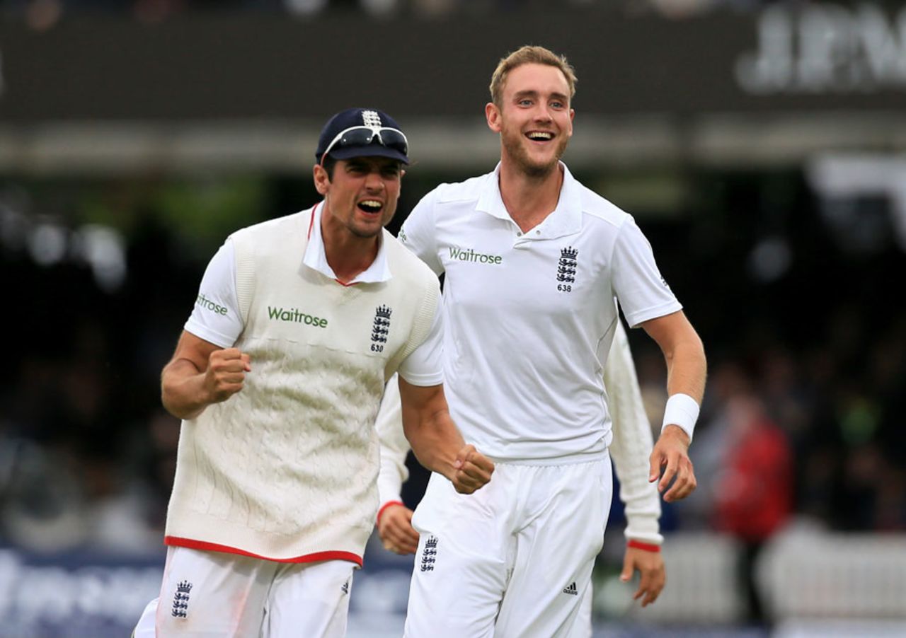 Alastair Cook and Stuart Broad celebrate the moment of victory, England v New Zealand, 1st Investec Test, Lord's, 5th day, May 25, 2015