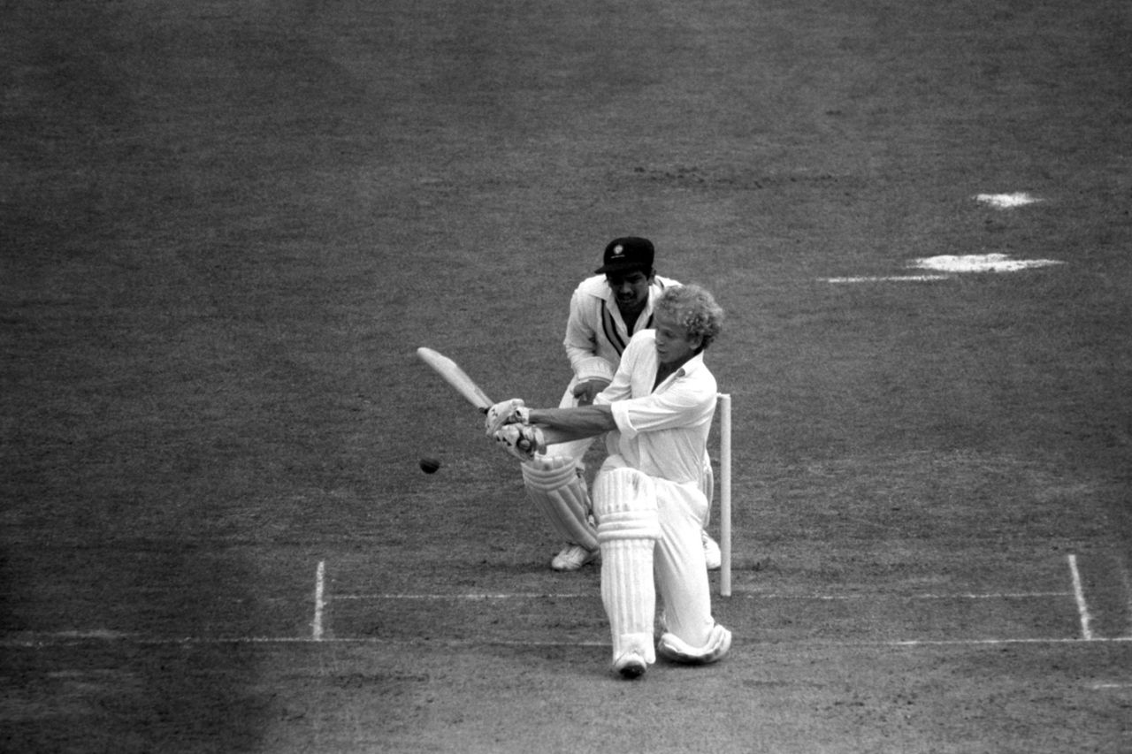 David Gower sweeps,a s Bharath Reddy looks on, third day, England v India, second Test, Lord's, August 4, 1979