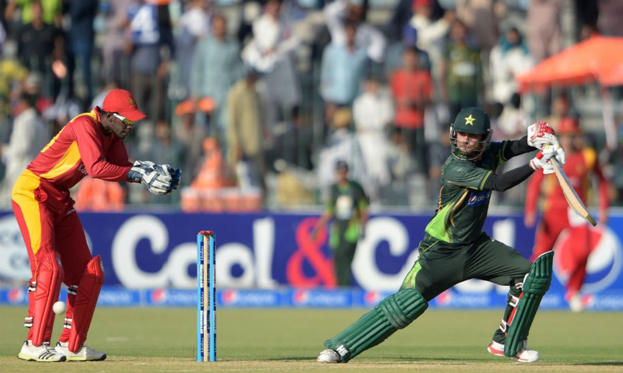 Mohammad Hafeez plays it behind square, Pakistan v Zimbabwe, 1st ODI, Lahore, May 26, 2015