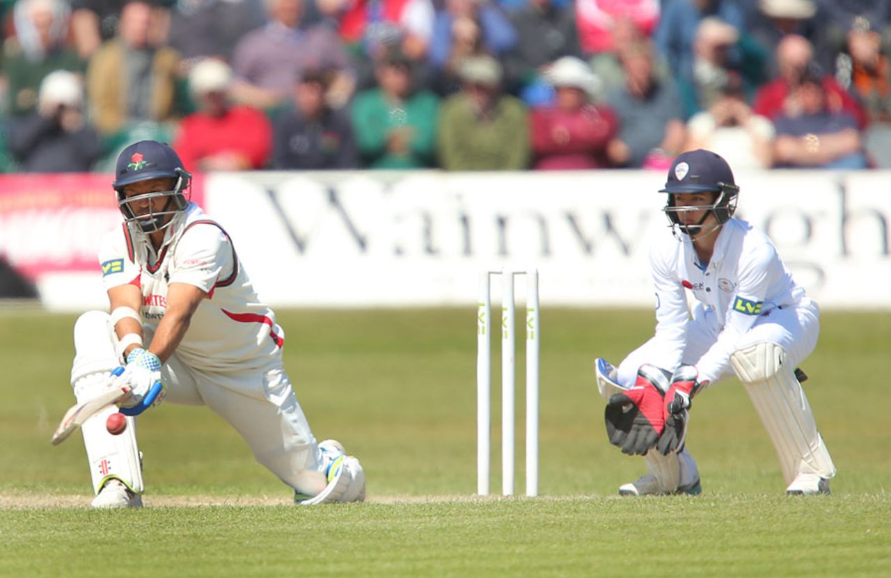 Ashwell Prince reverse sweeps during his 230, Lancashire v Derbyshire, County Championship, Division Two, Southport, 3rd day, May 26, 2015