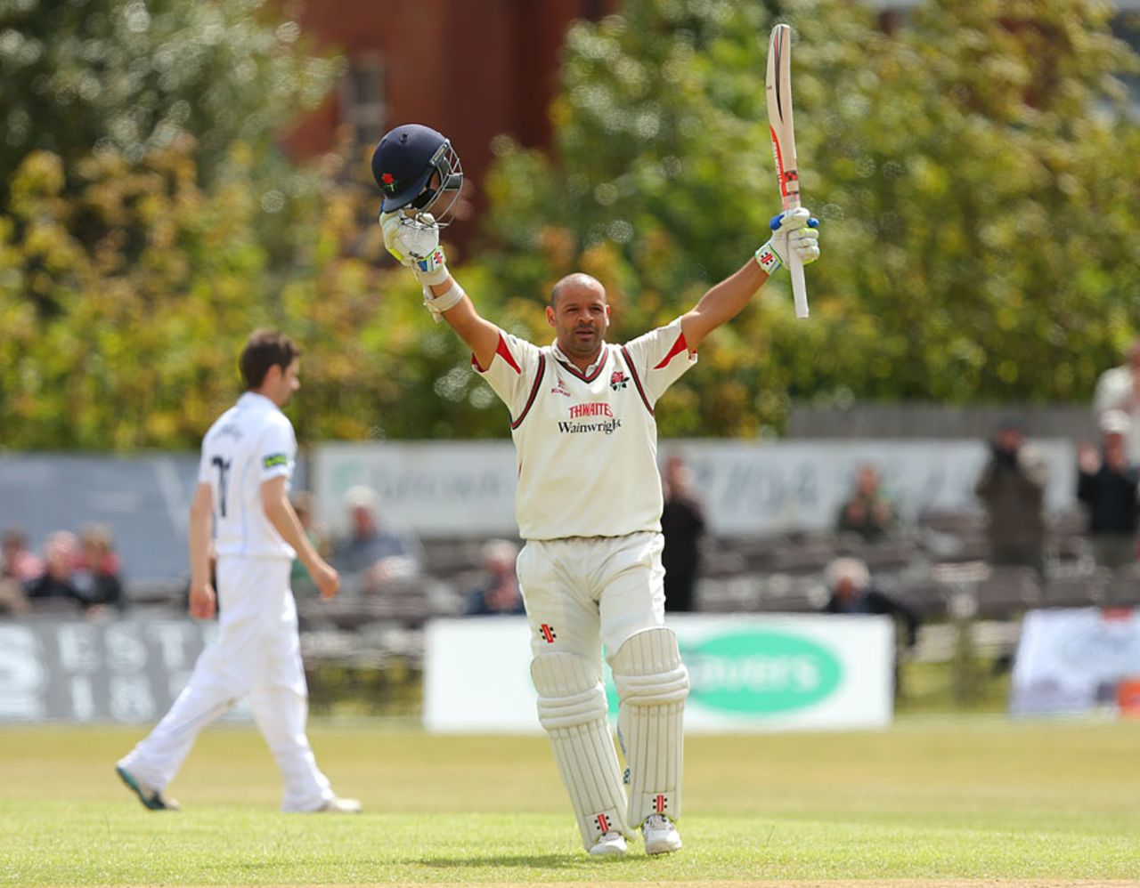 Ashwell Prince celebrates his double hundred, Lancashire v Derbyshire, County Championship, Division Two, Southport, 3rd day, May 26, 2015