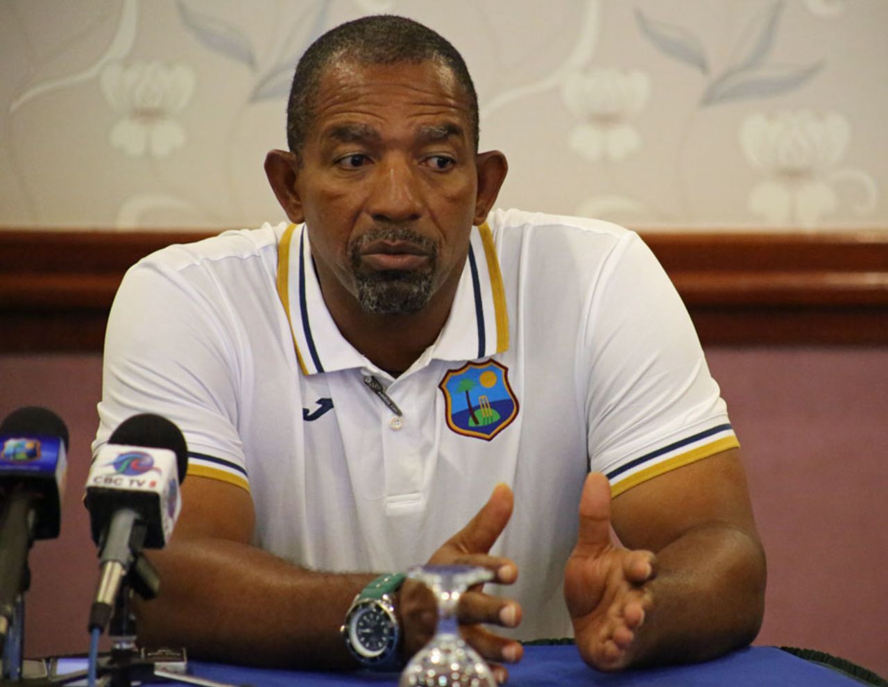 West Indies coach Phil Simmons responds to a question during a media conference, Barbados, May 24, 2015