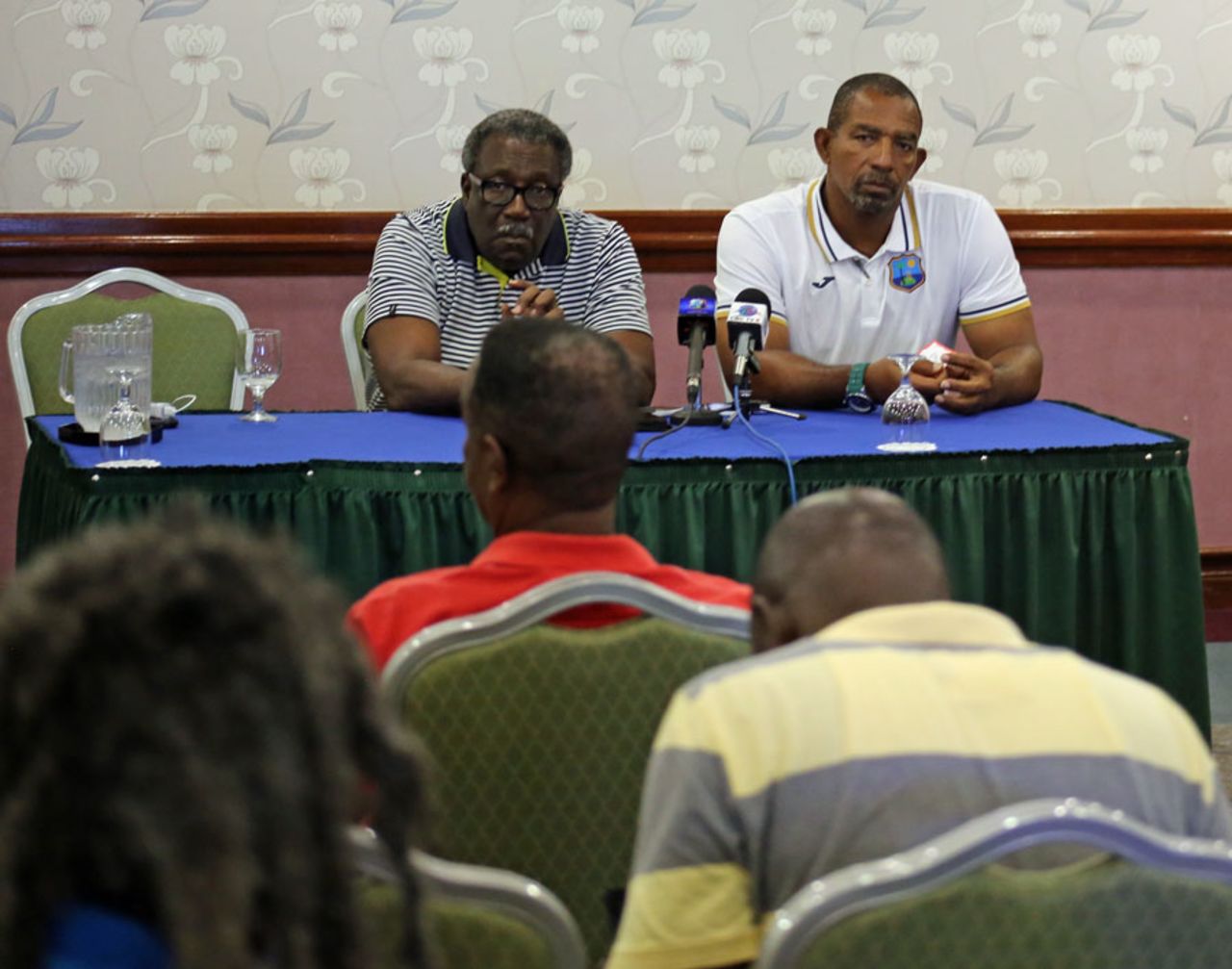 Clive Lloyd and Phil Simmons during an announcement of West Indies' training squad, Barbados, May 24, 2015