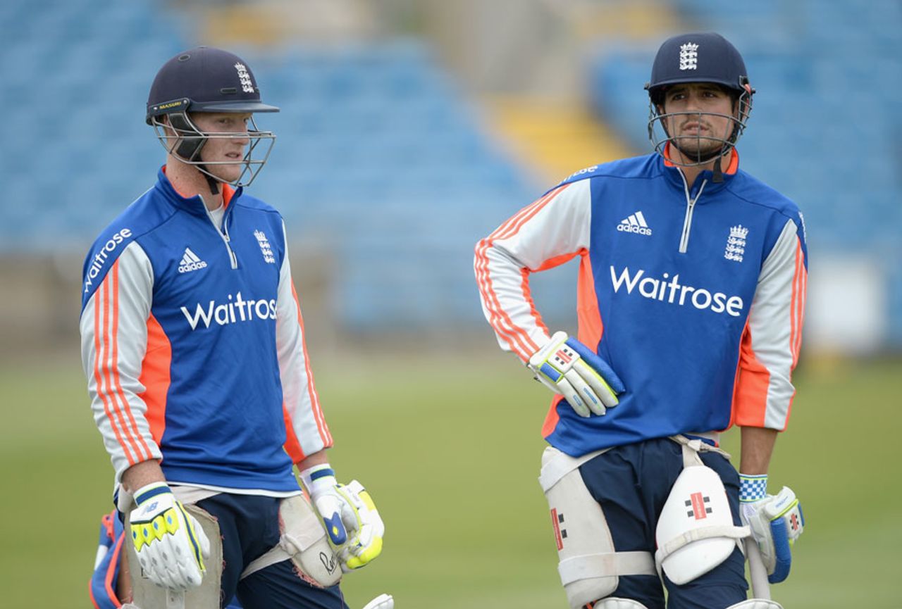 Ben Stokes and Alastair Cook wait for a bat, Headingley, May 27, 2015