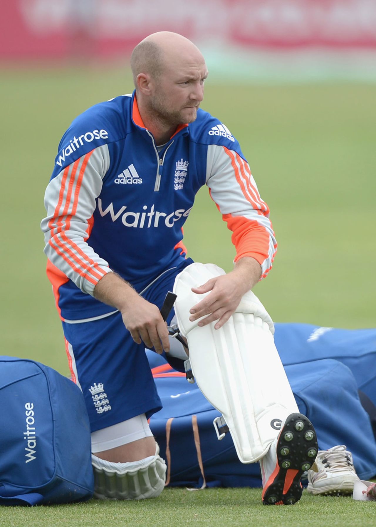 Adam Lyth straps on his pads ahead of the Test at his home ground, Headingley, May 27, 2015