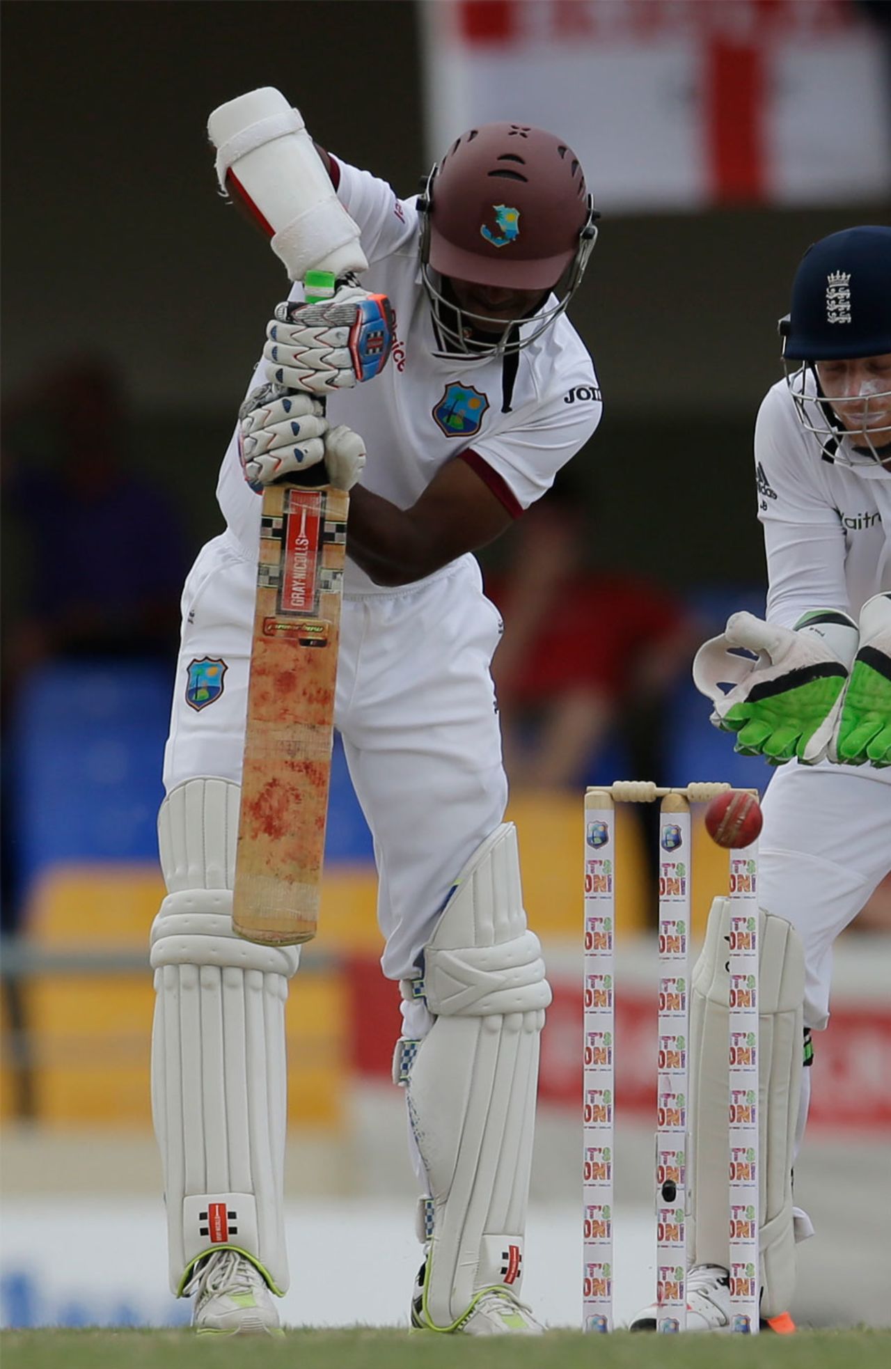 Shivnarine Chanderpaul defends, West Indies v England, 1st Test, North Sound, 5th day, April 17, 2015