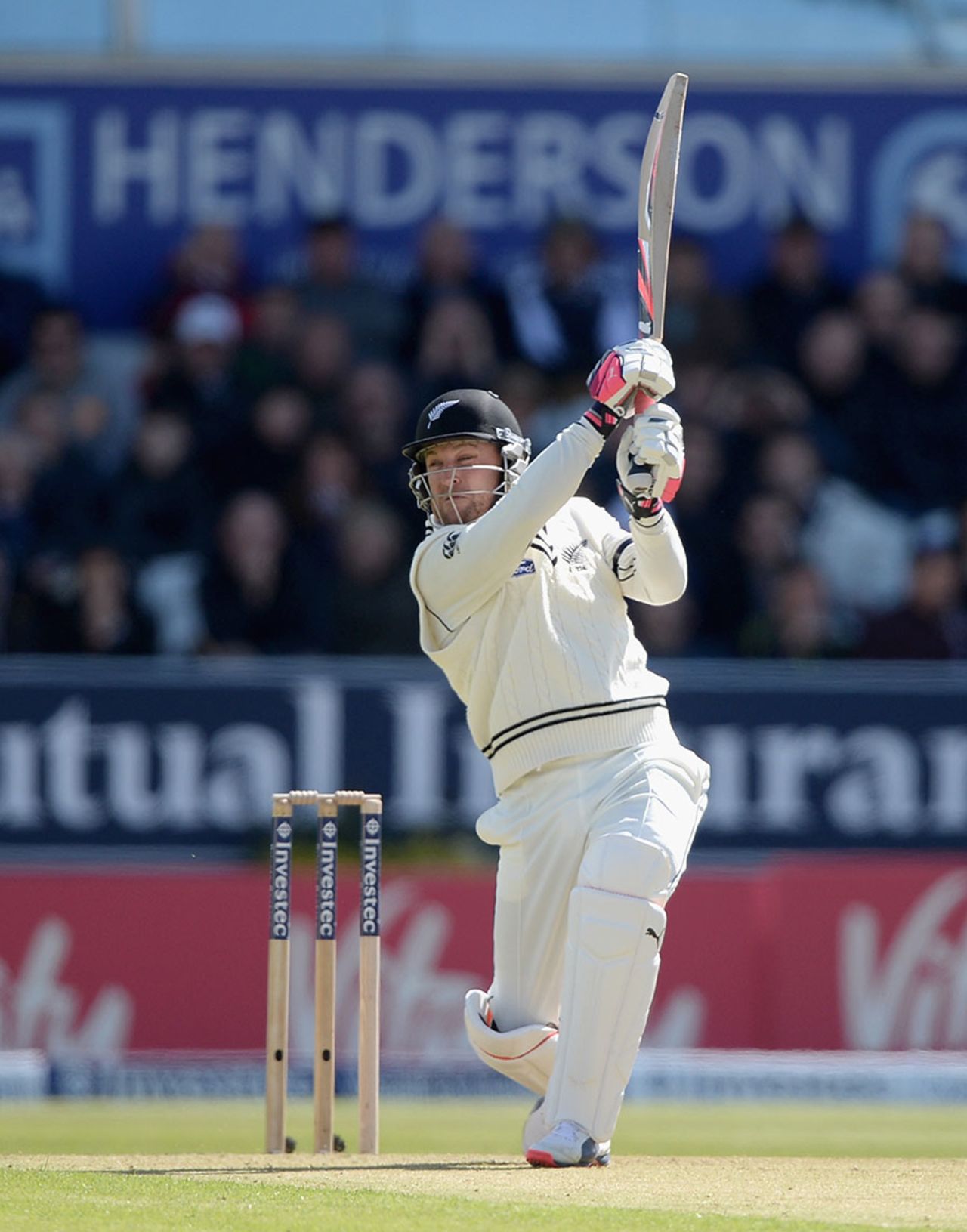 First ball? No problem. Brendon McCullum whacks it over cover for six, England v New Zealand, 2nd Investec Test, Headingley, 1st day, May 29, 2015