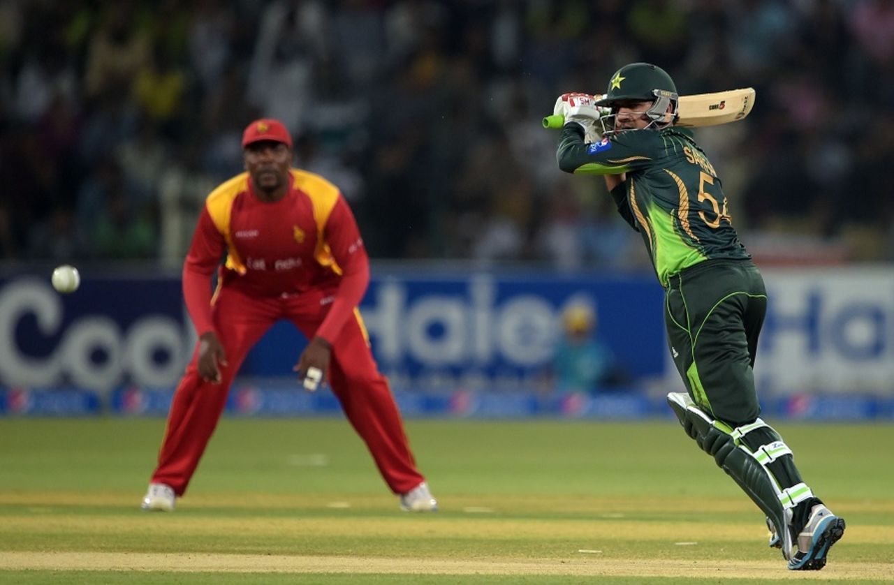 Sarfraz Ahmed flays the ball on the leg side, Pakistan v Zimbabwe, 2nd ODI, Lahore, May 29, 2015