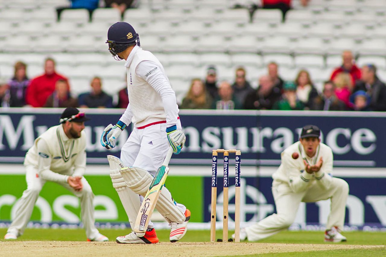 Jos Buttler watches his edge travel to Ross Taylor, England v New Zealand, 2nd Investec Test, Headingley, 3rd day, May 31, 2015