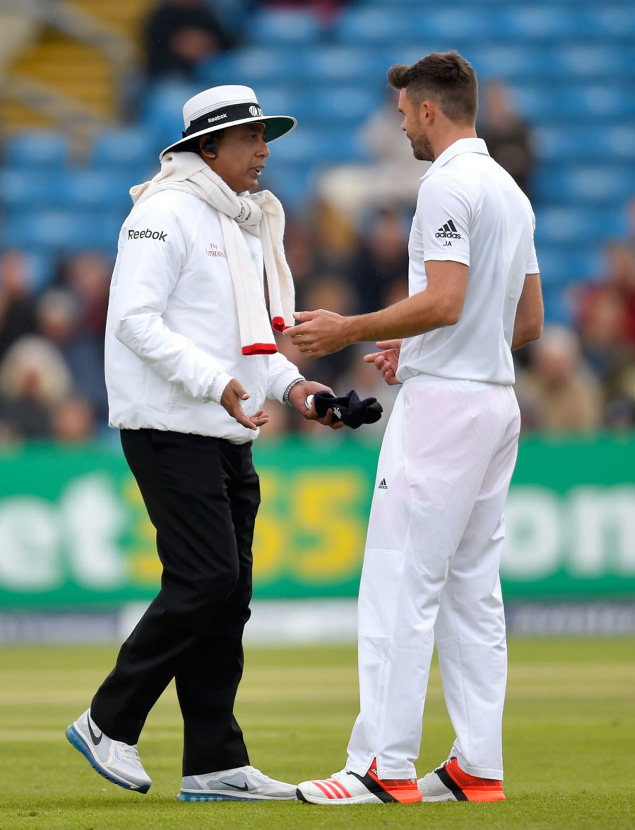 Umpire S Ravi talks to James Anderson about running on the pitch, England v New Zealand, 2nd Investec Test, Headingley, 3rd day, May 31, 2015