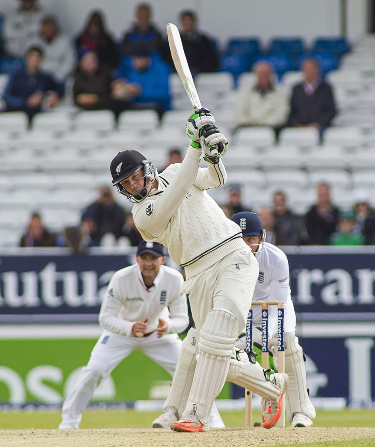 Martin Guptill lofts down the ground during a brisk innings, England v New Zealand, 2nd Investec Test, Headingley, 3rd day, May 31, 2015