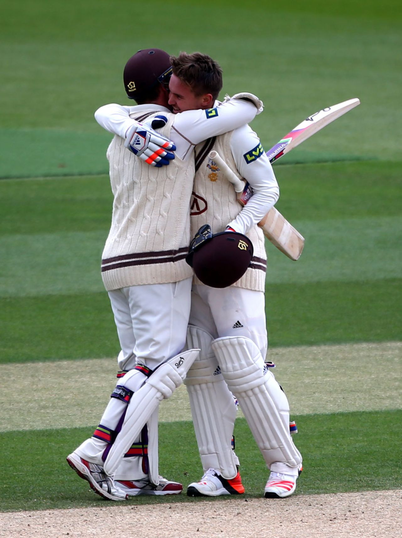 Jason Roy gets a hug from Steven Davies after making a hundred, Surrey v Lancashire, County Championship, Division Two, The Oval, 2nd day, June 1, 2015